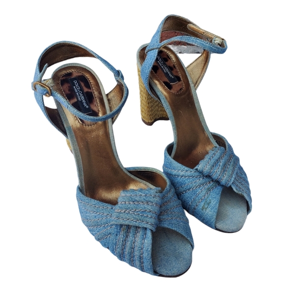 Dolce & Gabbana Blue Denim Espadrille Style Peep Toe Heel Sandals w/Ankle Strap - Picture 9 of 12